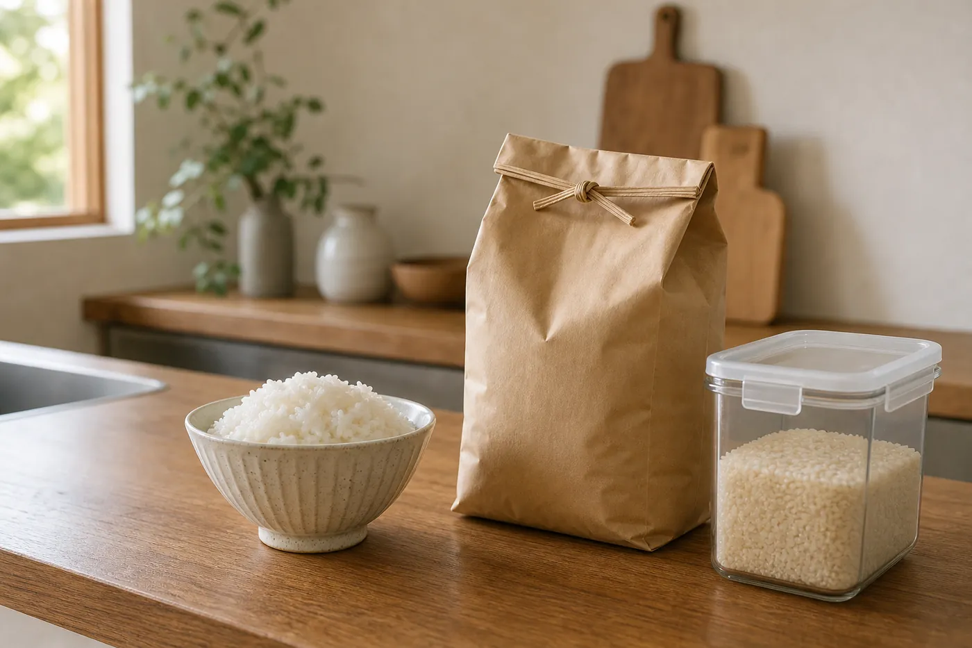 台所に置いたお米の袋と保存容器、茶碗のイメージ