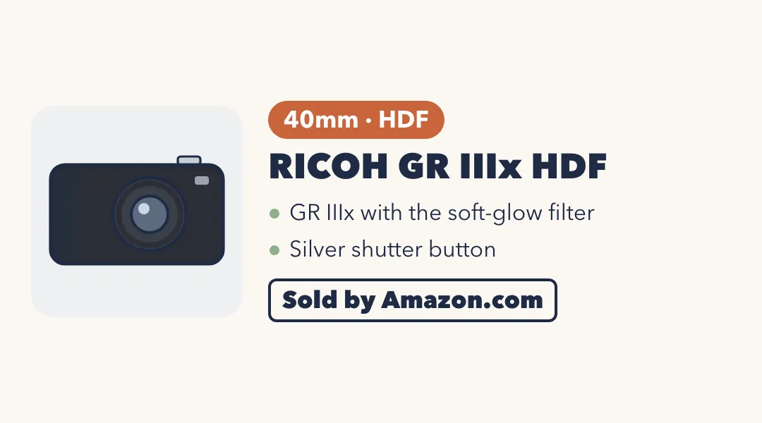 Drawing of a flat black compact camera with a silver shutter button. RICOH GR IIIx HDF: 40mm with HDF; GR IIIx with the soft-glow filter; silver shutter button. Sold by Amazon.com.