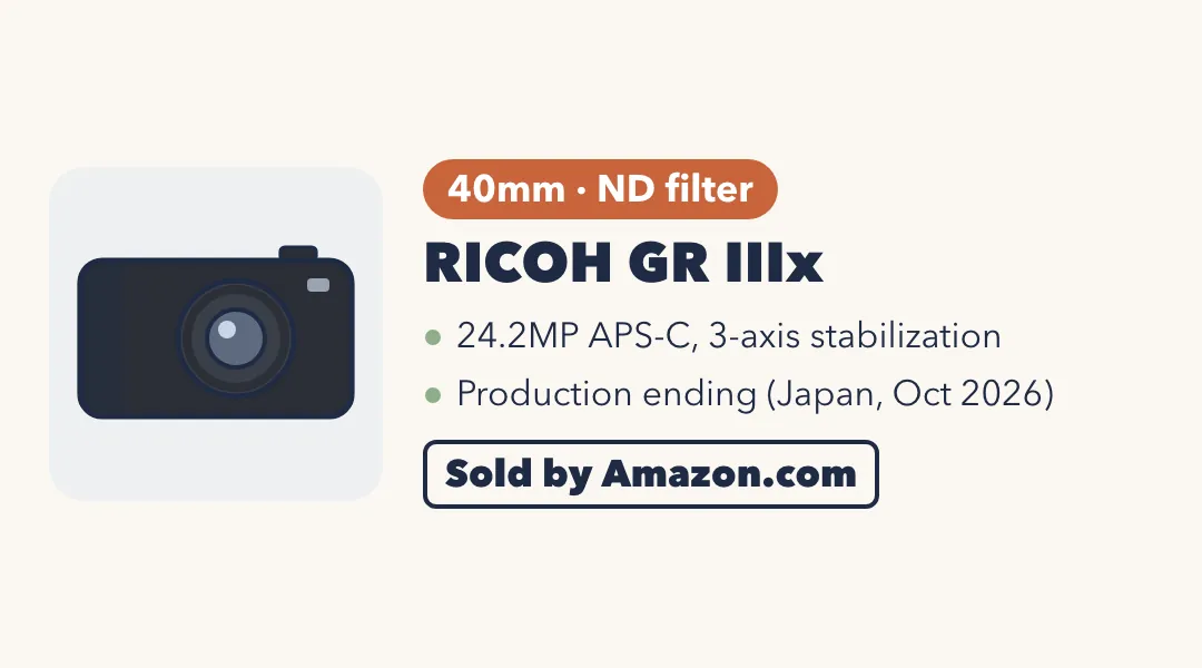 Drawing of a flat black compact camera. RICOH GR IIIx: 40mm with ND filter; 24.2MP APS-C, 3-axis stabilization; production ending in Japan, October 2026. Sold by Amazon.com.