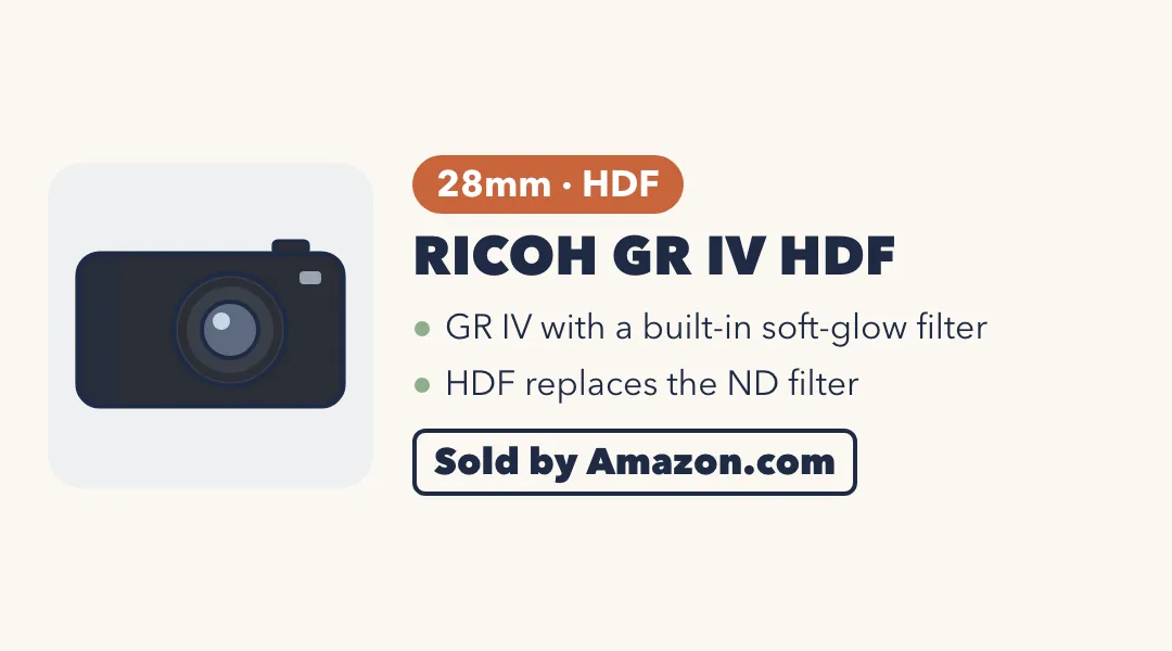 Drawing of a flat black compact camera. RICOH GR IV HDF: 28mm with HDF; GR IV with a built-in soft-glow filter; HDF replaces the ND filter. Sold by Amazon.com.