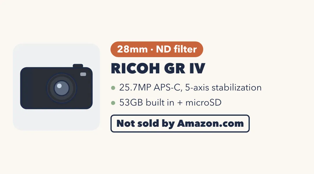 Drawing of a flat black compact camera. RICOH GR IV: 28mm with ND filter; 25.7MP APS-C, 5-axis stabilization; 53GB built in plus microSD. Not sold by Amazon.com.