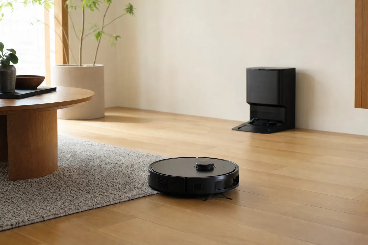 木の床のリビングでラグの端を掃除する黒いロボット掃除機と、壁際の黒い充電ステーションのイメージ(AI生成)