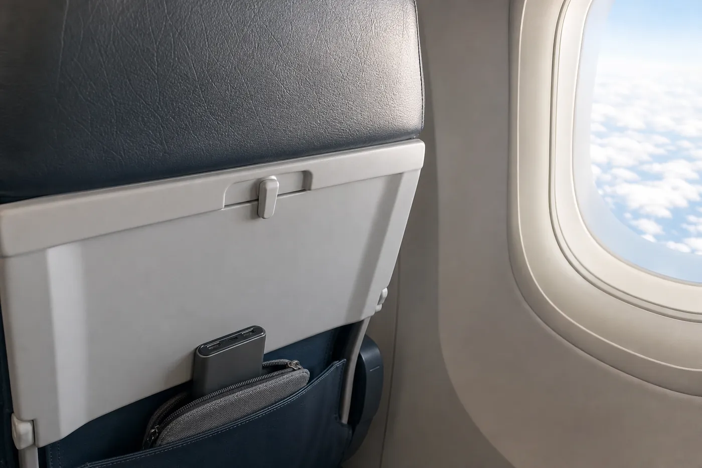 飛行機の座席の背もたれのポケットに、ポーチに入れたモバイルバッテリーをしまっている様子