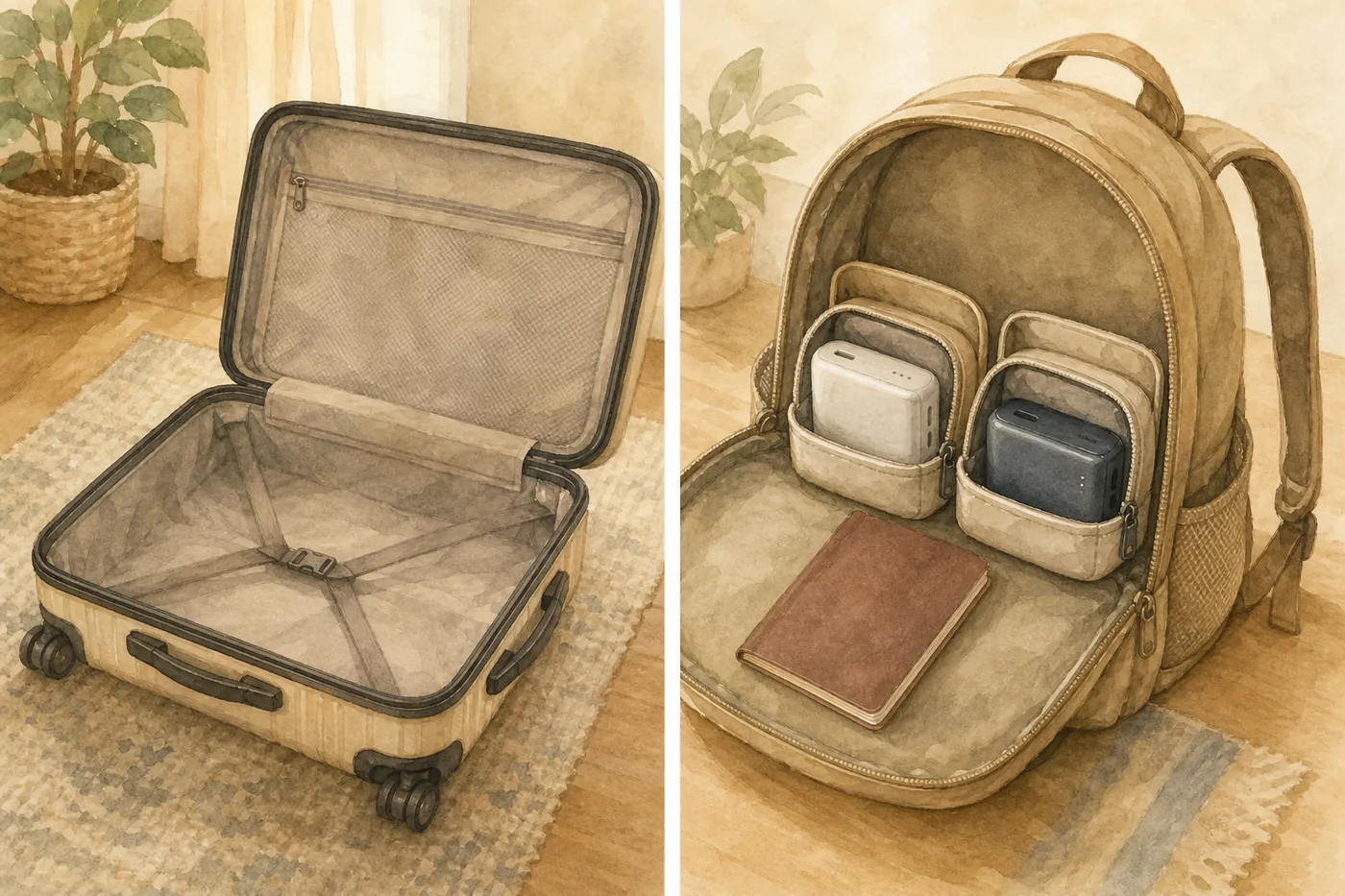 左は預け入れ用の空のスーツケース、右は機内に持ち込むリュックに2つのモバイルバッテリーを別々のポーチに入れた様子
