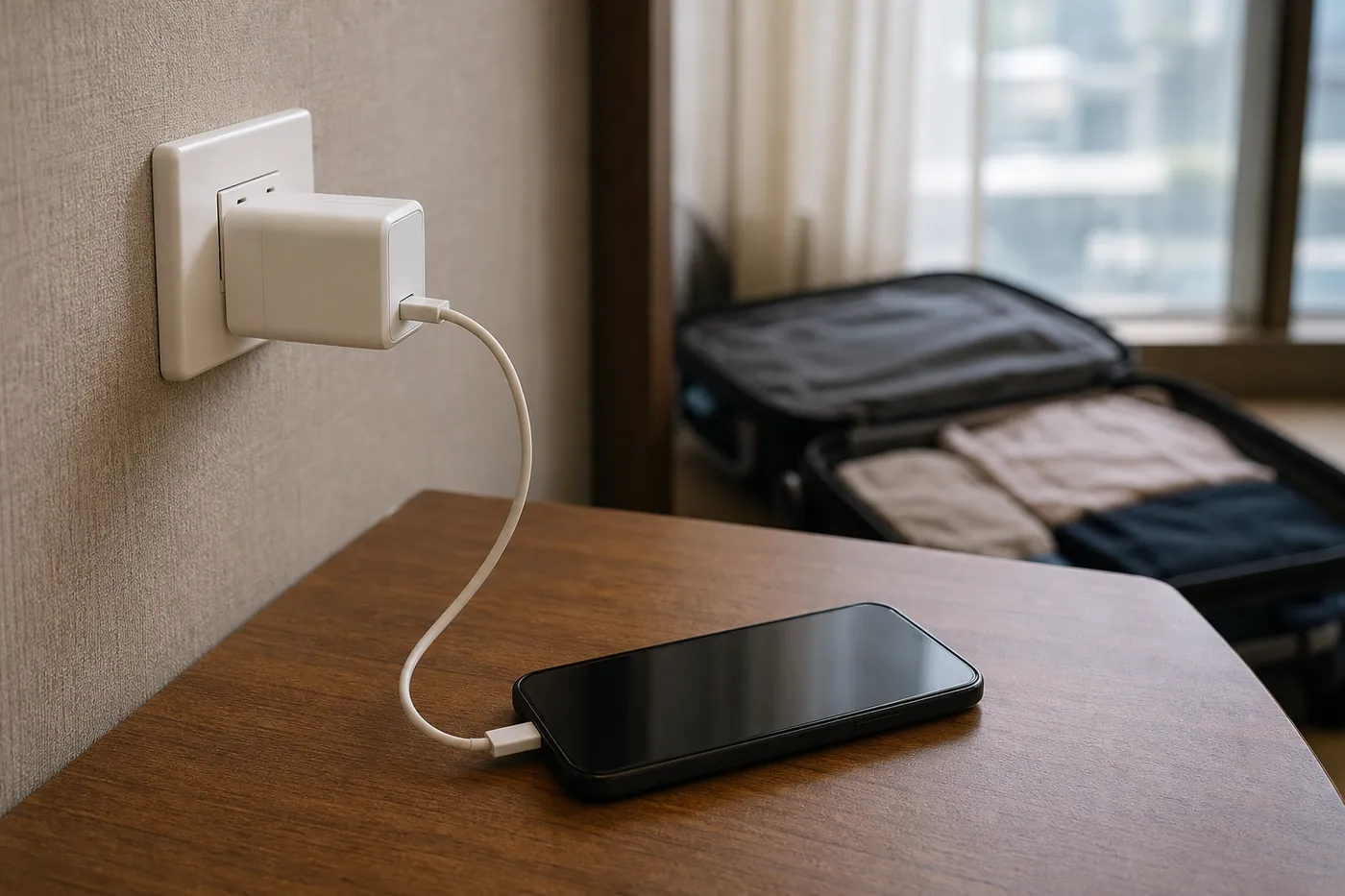 ホテルの壁のコンセントに直接差したモバイルバッテリーから、机の上のスマートフォンを充電している様子