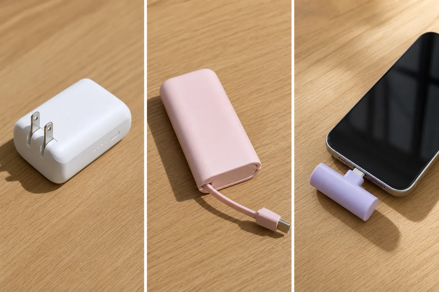 左から、折りたたみプラグ付き、巻き取りケーブル付き、スマホに直接挿すタイプのモバイルバッテリー