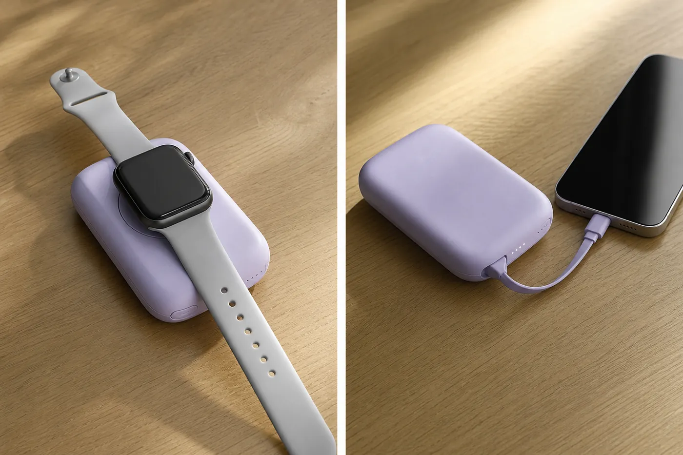 左はモバイルバッテリーの上に置いたスマートウォッチ、右は内蔵ケーブルでスマートフォンを充電している様子
