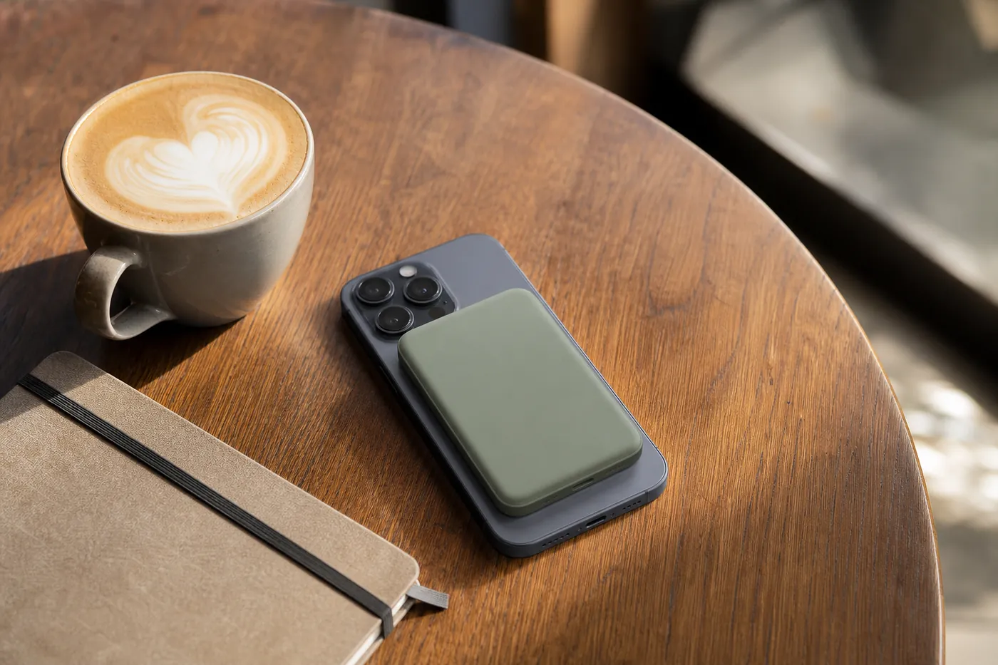 カフェのテーブルで、スマートフォンの背面に薄いカード型のモバイルバッテリーが貼り付いている様子