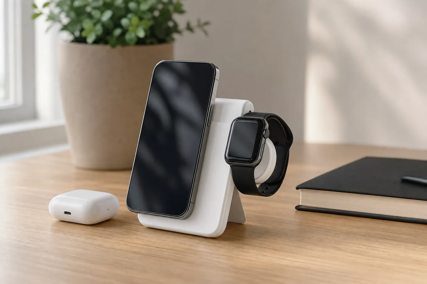モバイルバッテリーにスマートフォンとスマートウォッチを同時に付けて充電し、小さなイヤホンケースも置かれている様子