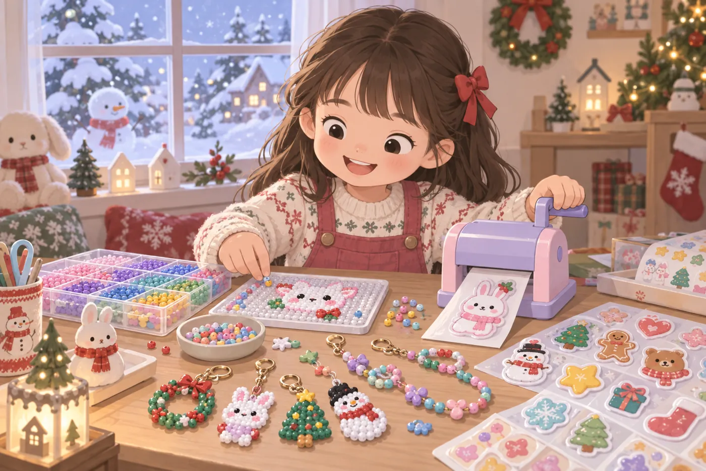 女の子がビーズを並べたり、手回しの機械でぷっくりしたシールを作ったりしているイラスト(AI生成)