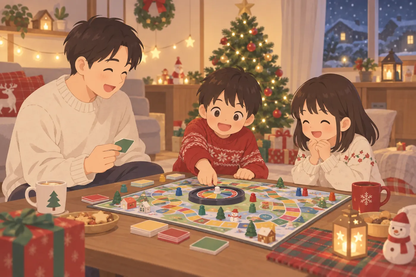 クリスマスの夜、家族がテーブルを囲んでルーレット付きのボードゲームで遊んでいるイラスト(AI生成)