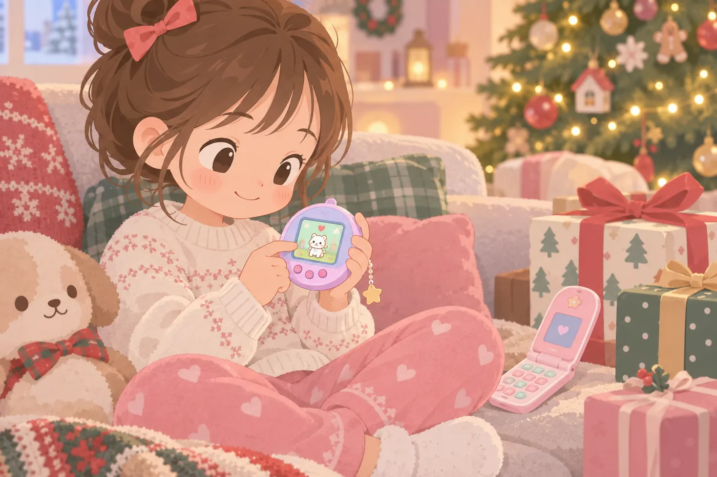 ソファに座った子どもが、小さな液晶トイの画面のキャラクターを指でさわってお世話しているイラスト(AI生成)
