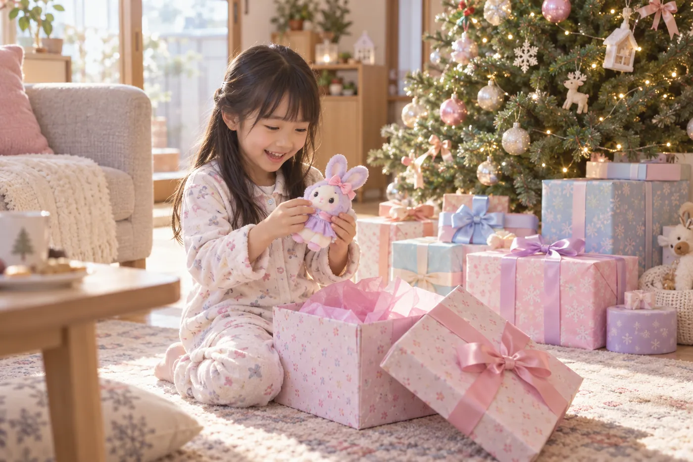 クリスマスツリーの前で、パジャマ姿の女の子がパステルカラーのプレゼントの箱を開けて、うさぎのぬいぐるみを取り出しているイメージ(AI生成)