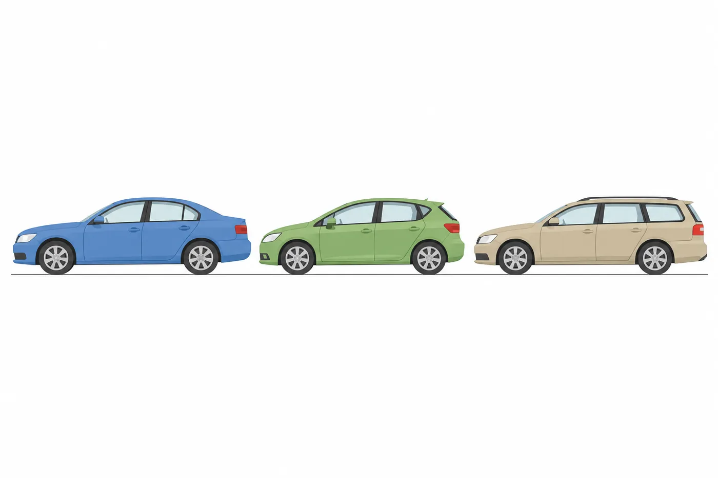 同じくらいの長さの3台の車を横から並べた図。左はトランクのあるセダン、中央は後ろが斜めに下がる5ドアハッチバック、右は屋根が後ろまで続くステーションワゴン