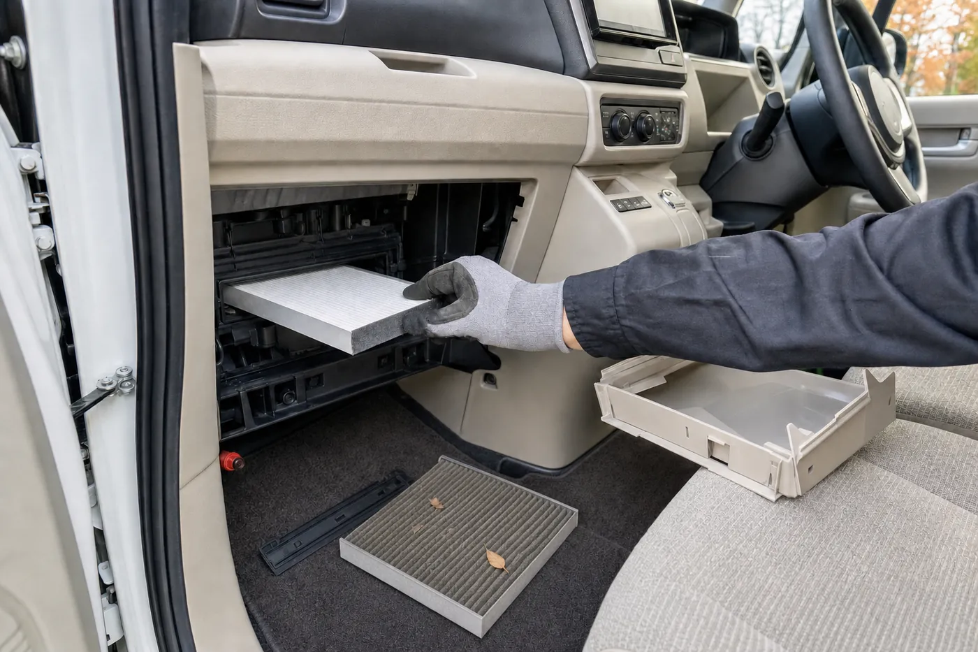 グローブボックスを外した N-BOX の車内で、新しいエアコンフィルターを差し込んでいるイメージ(AI生成)
