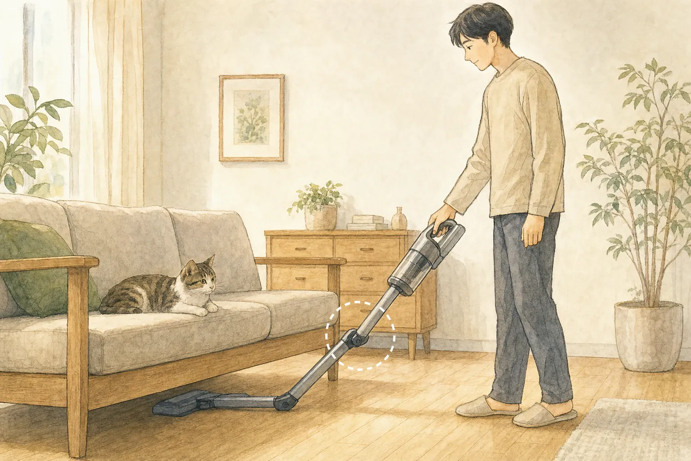立ったまま、途中で曲がったパイプの掃除機でソファの下を掃除している男性のイラスト(AI生成)