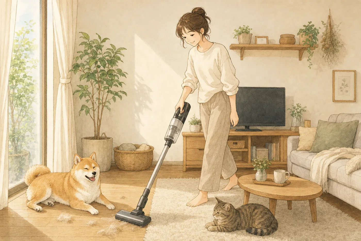 柴犬と猫がくつろぐリビングで、女性がコードレススティック掃除機で床に落ちたペットの毛を掃除しているイラスト（AI生成）