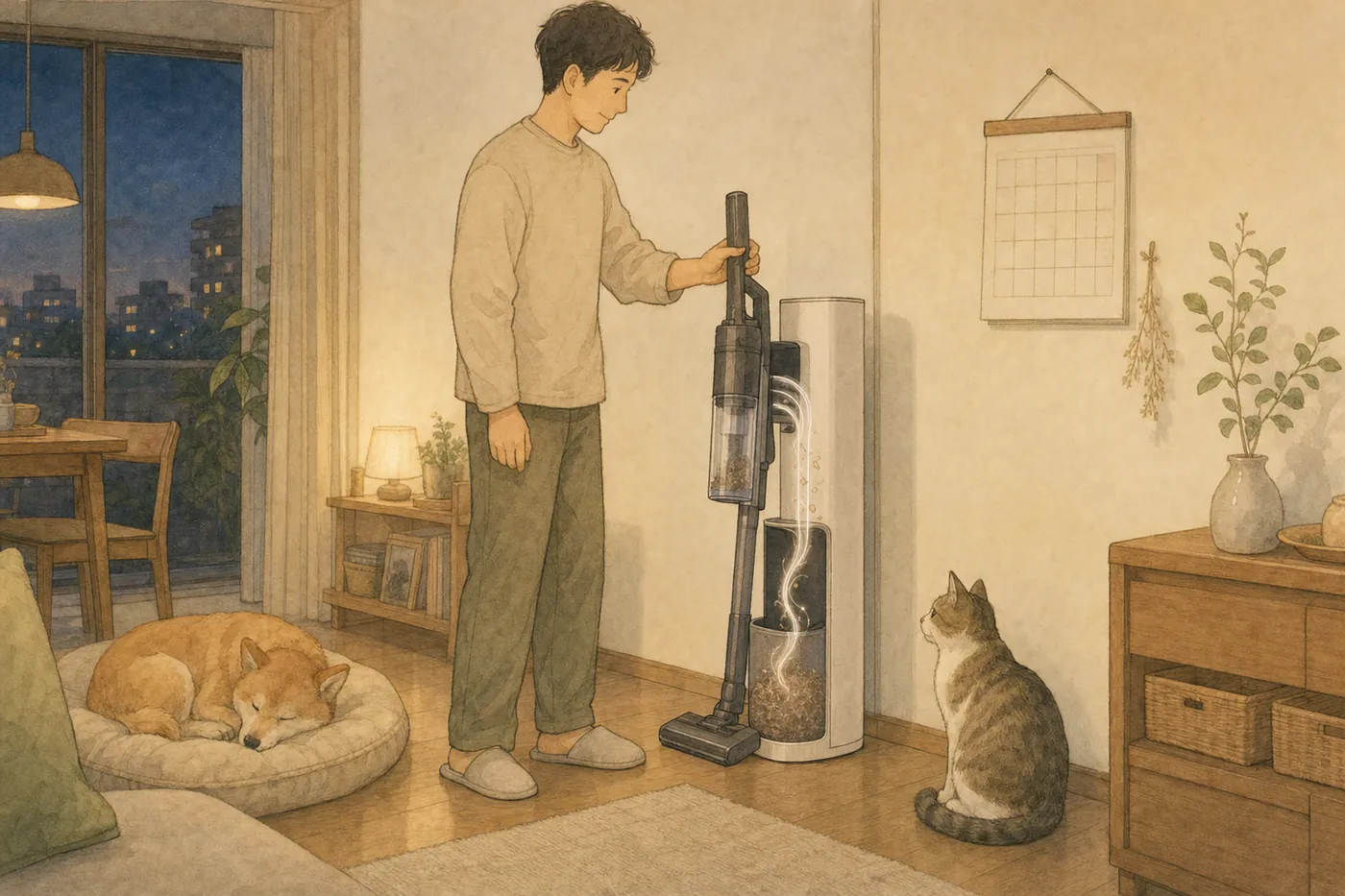 夜の部屋で、男性が掃除機を背の高いドックに戻し、ダストカップの毛がドックに吸い上げられているイラスト。そばで犬が寝ていて猫が見ている（AI生成）