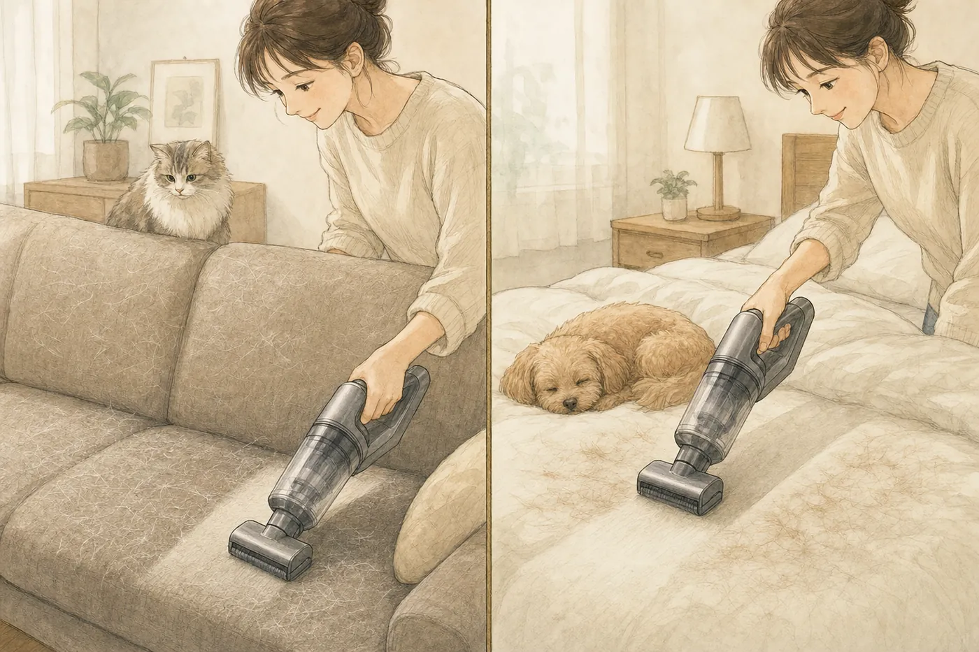 左は猫の毛が付いたソファを、右は犬が寝ている布団を、ハンディ掃除機に付けた小さな回転ブラシで掃除しているイラスト（AI生成）