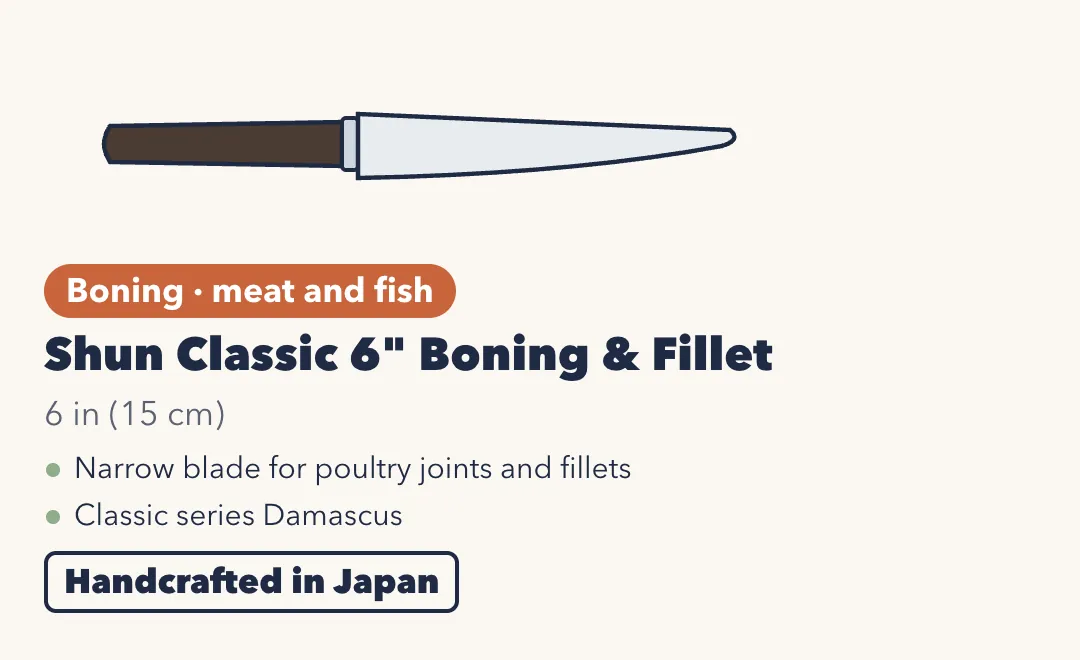 Drawing of the Shun Classic 6-inch Boning and Fillet Knife, a short, narrow blade with a dark Pakkawood handle. 6 inches (15 cm). Narrow blade for poultry joints and fillets; Classic series Damascus. Handcrafted in Japan.