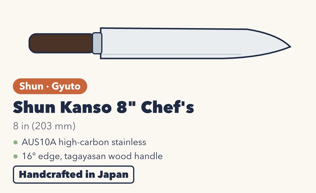 Drawing of the Shun Kanso 8-inch Chef's Knife, a plain gyuto with a dark tagayasan wood handle. 8 inches (203 mm). AUS10A high-carbon stainless steel; 16-degree edge; tagayasan wood handle. Handcrafted in Japan.
