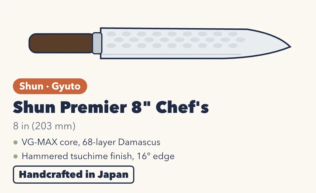 Drawing of the Shun Premier 8-inch Chef's Knife, with a hammered blade and a walnut-colored contoured Pakkawood handle. 8 inches (203 mm). VG-MAX core with 68-layer Damascus; hammered tsuchime finish; 16-degree edge. Handcrafted in Japan.