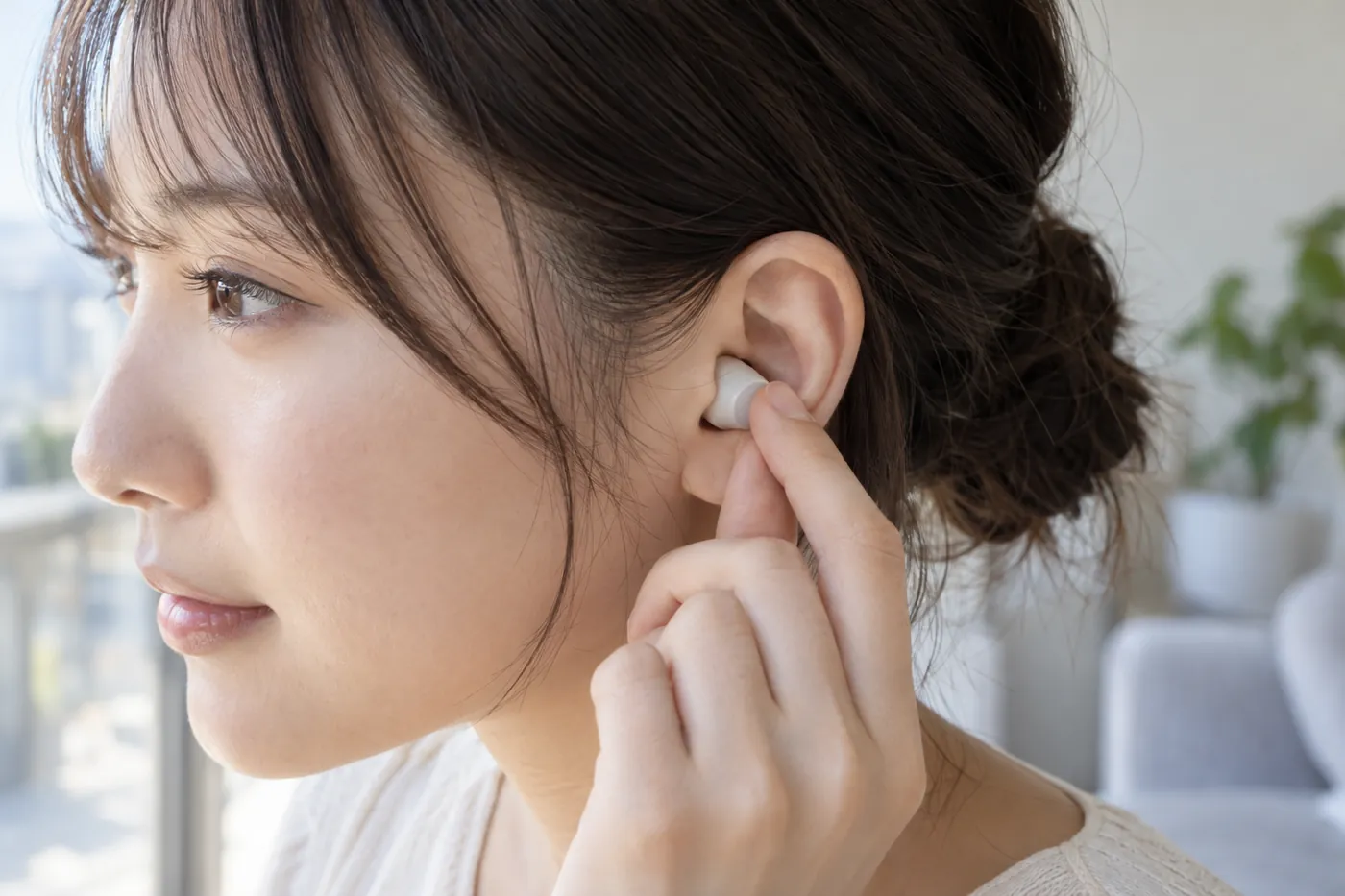窓辺で、小さなワイヤレスイヤホンを指で耳に着ける女性の横顔の写真風のイメージ