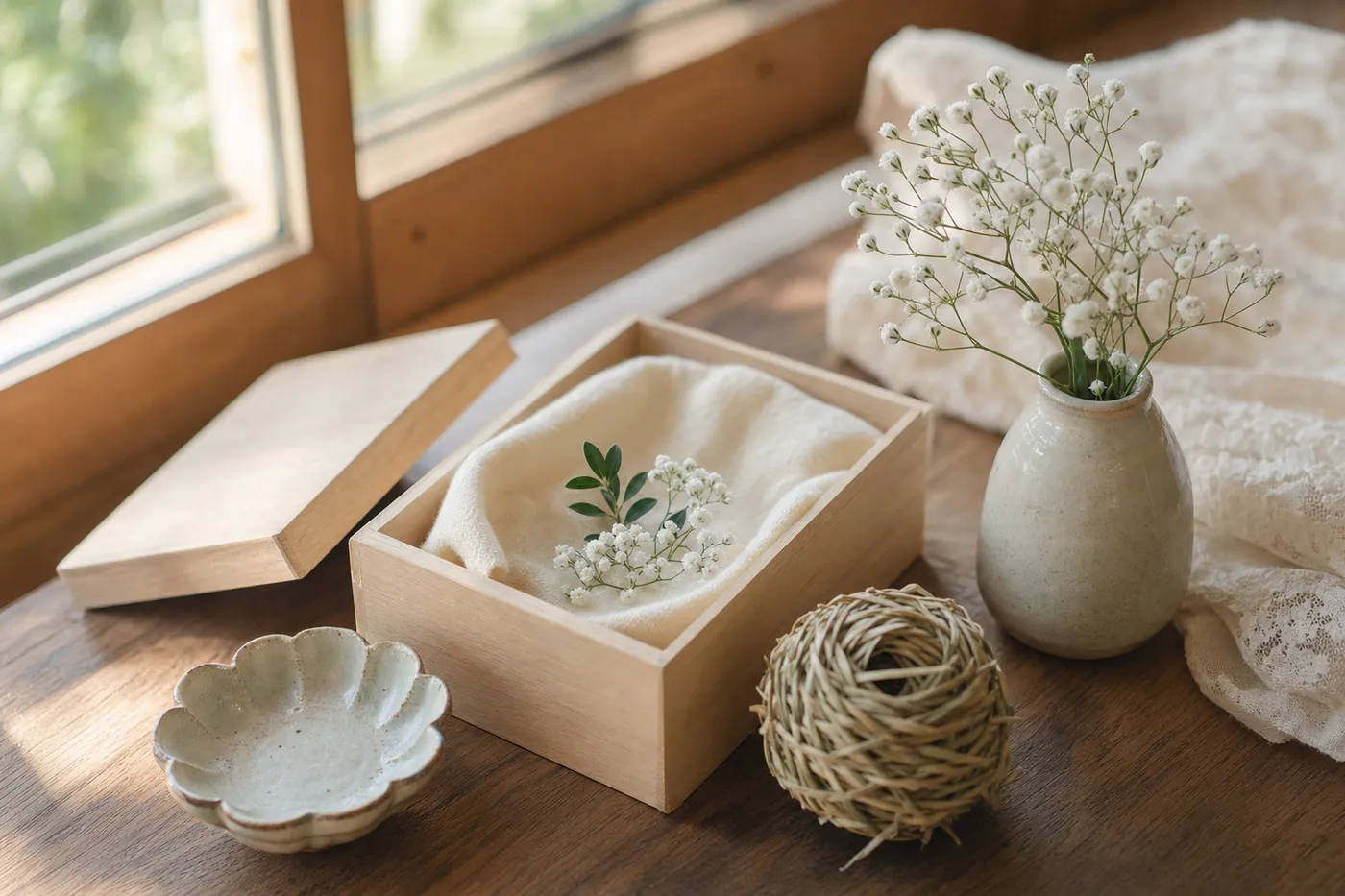 窓辺のテーブルに、布を敷いて小さな花を入れた木箱と、小さな器、牧草のボール、かすみ草を置いた写真風のイメージ