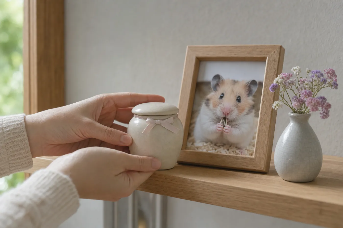 手のひらほどの小さな骨壺を両手で棚に置き、ひまわりの種を食べるハムスターの写真と小さな花を飾った写真風のイメージ