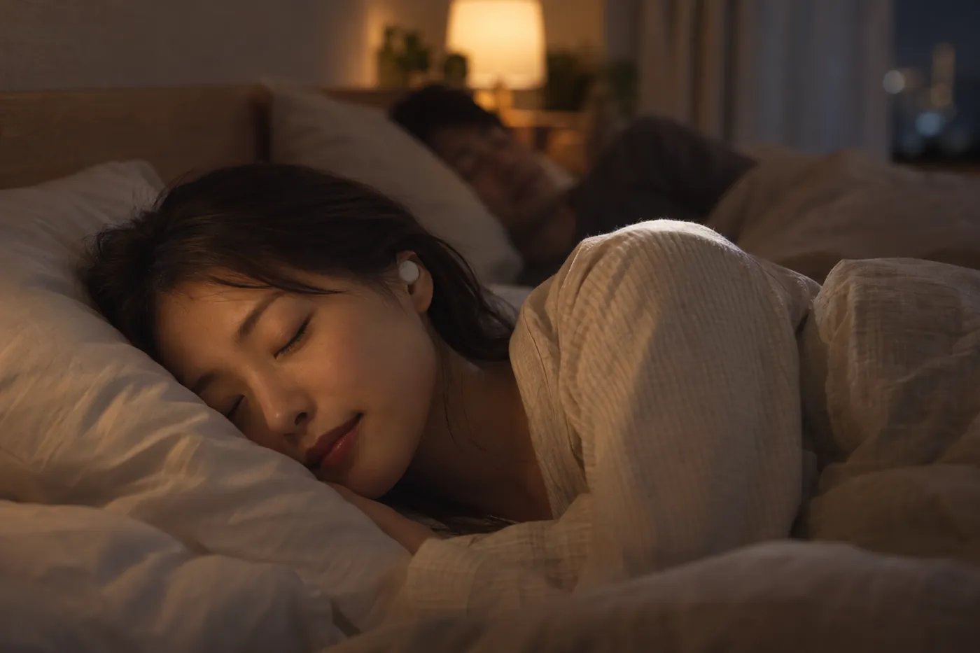 夜の寝室で、小さな白いイヤホンを着けて横向きに眠る女性と、奥で眠るパートナーの写真風のイメージ