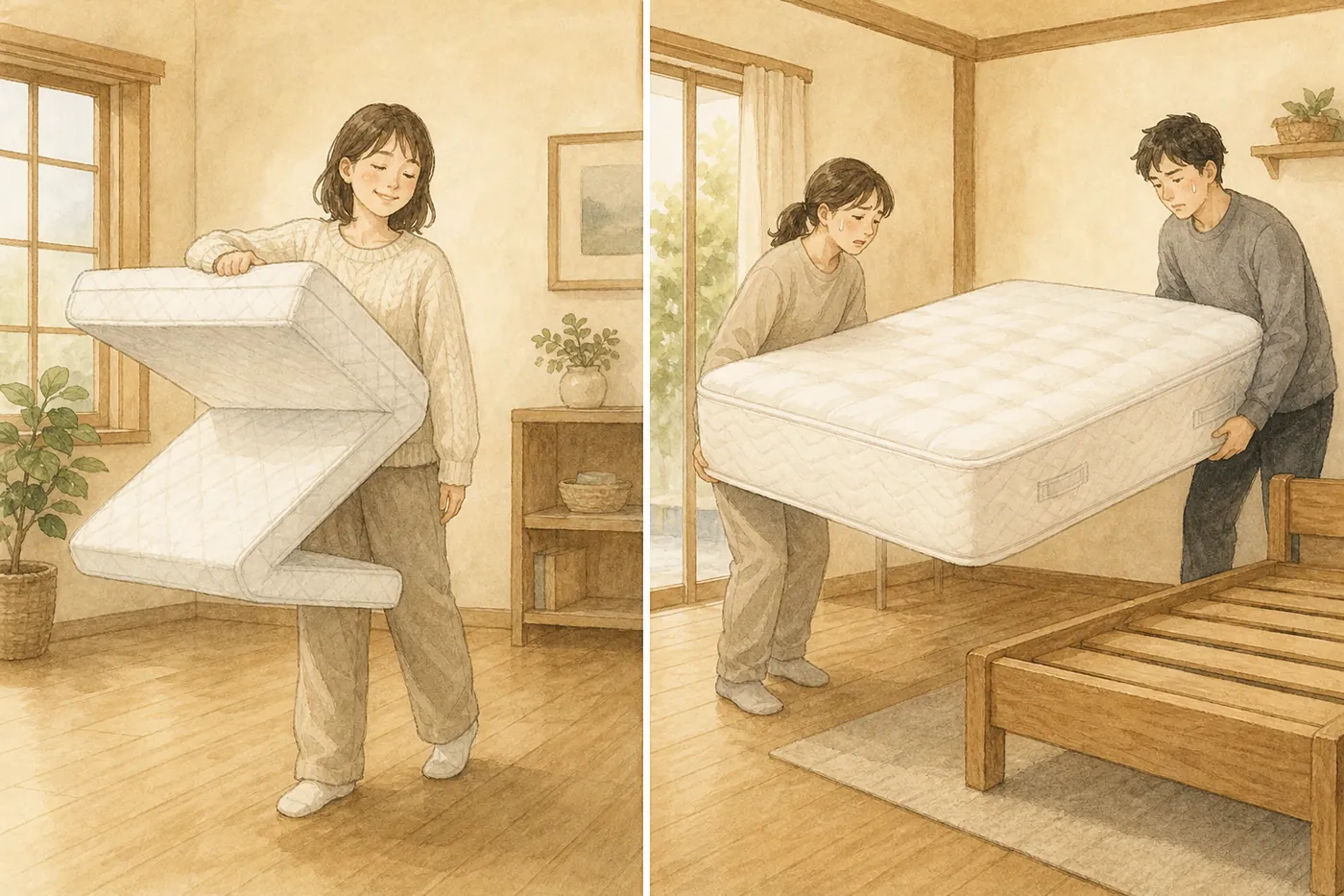 左は女性が厚さ10cmのマットレスをZ型に折りたたんで持ち上げる様子、右は2人で厚いワイドサイズのマットレスをベッドフレームへ運ぶ様子のイラスト(AI生成)