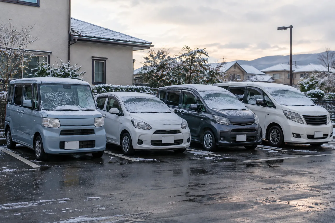 雪の積もった住宅地の駐車場に、軽自動車・コンパクトカー・ミニバンが並んでいるイメージ（AI生成）