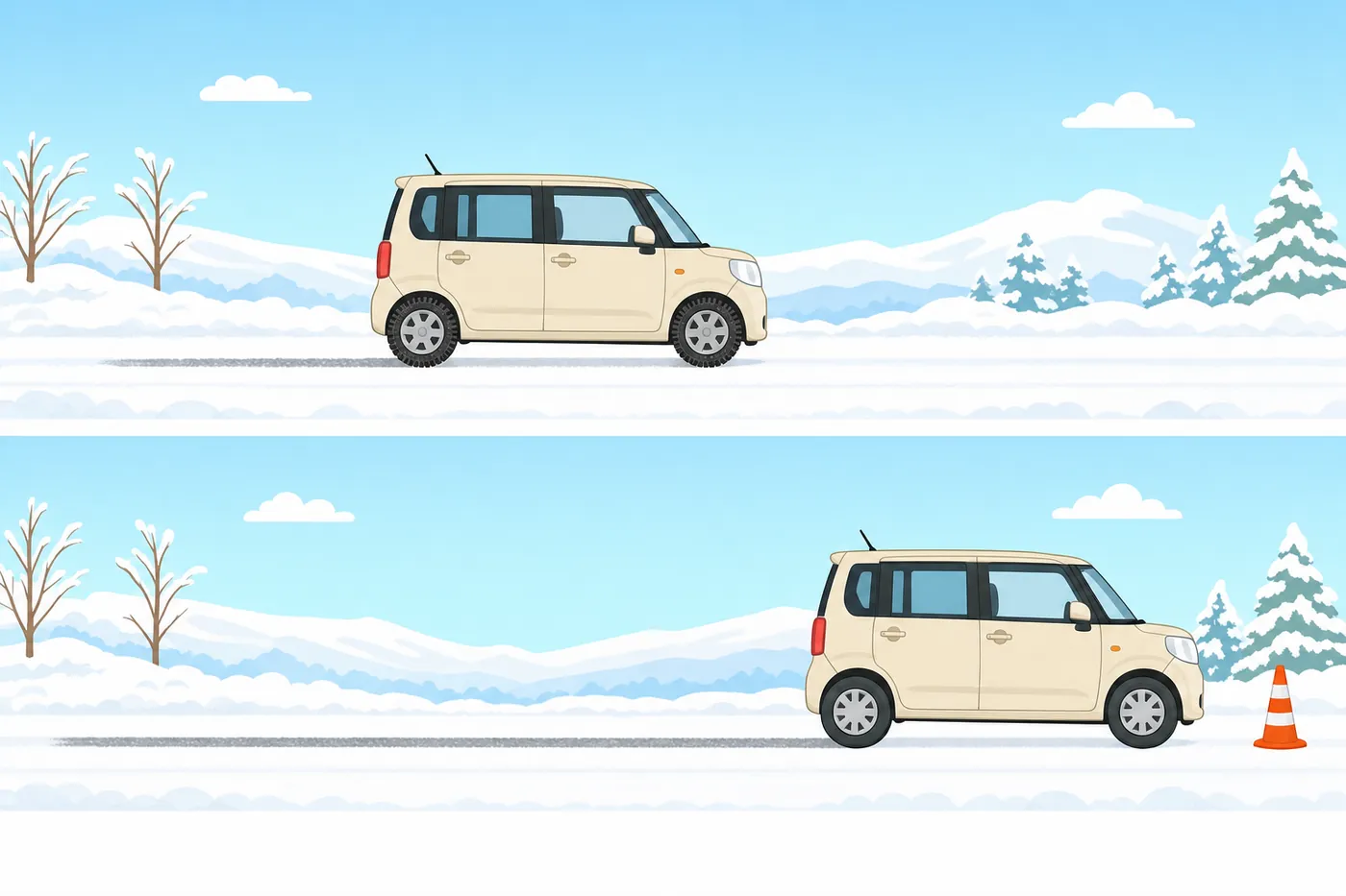 雪道で同じ軽自動車が2台ブレーキをかけている図。上のスタッドレスタイヤの車は短い距離で止まり、下の夏タイヤの車は長く滑ってカラーコーンの手前で止まっている