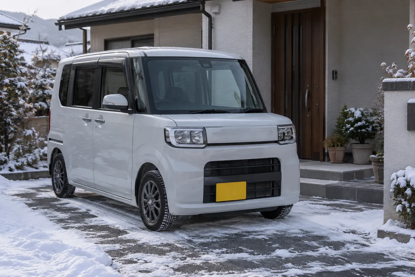 雪の積もった住宅の前に、冬タイヤを付けた背の高い軽自動車が止まっているイメージ（AI生成）
