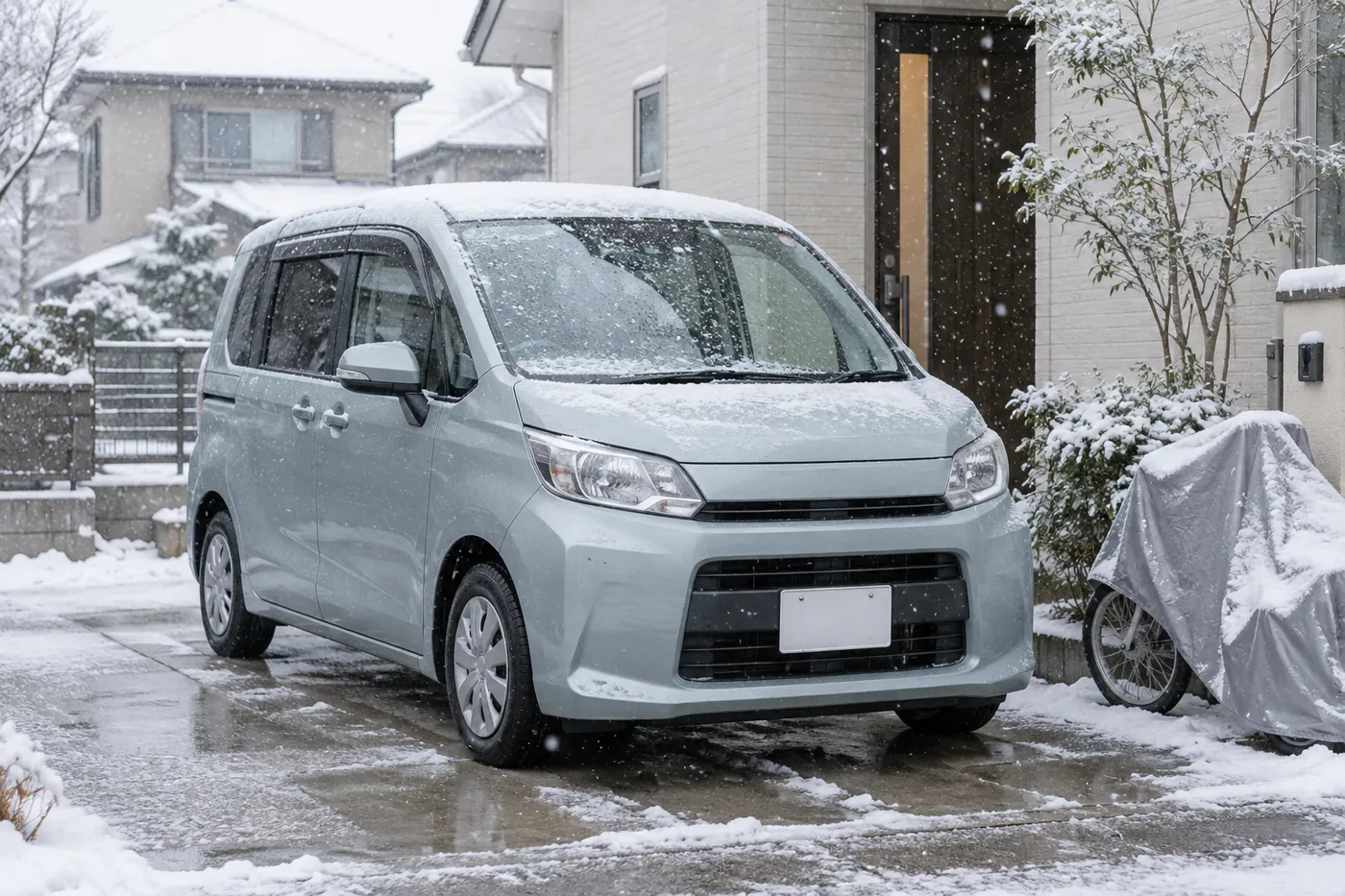 雪が降る住宅の駐車スペースに、スライドドアの小型ミニバンが止まっているイメージ(AI生成)