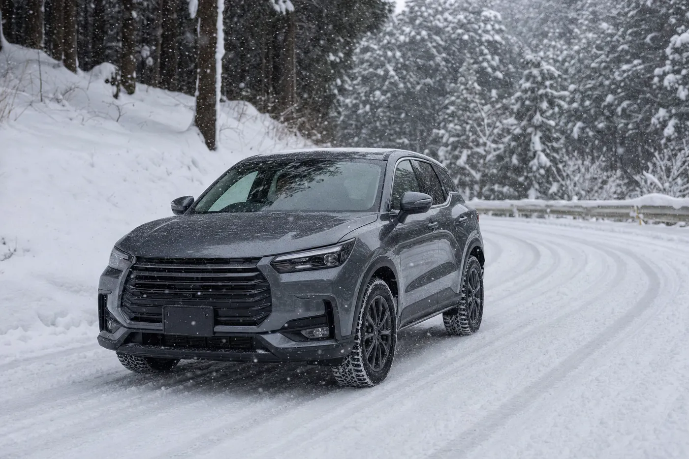 雪の降る杉林の山道を、スタッドレスタイヤを履いたグレーのSUVが走っているイメージ(AI生成)