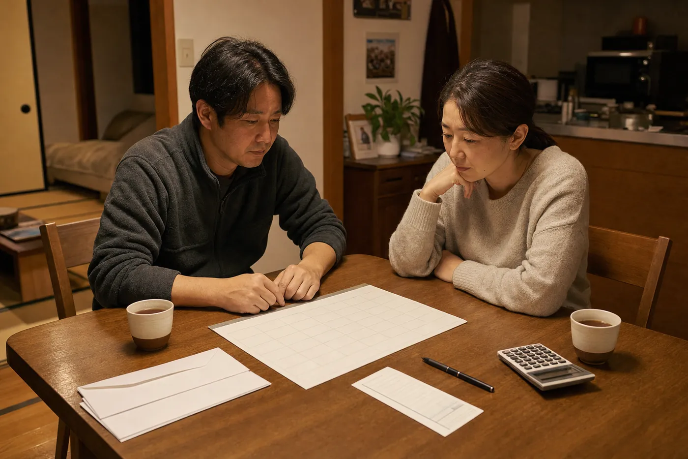 夜の食卓で両親が白紙のカレンダーと封筒、振込用紙、電卓を前に考え込んでいる写真風のイメージ(AI生成)