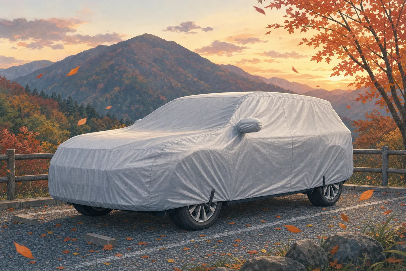 紅葉した山を背にした砂利の駐車場で、SUVにシルバーのボディカバーがかけられ、車体の下をベルトが通っているイメージ(AI生成)