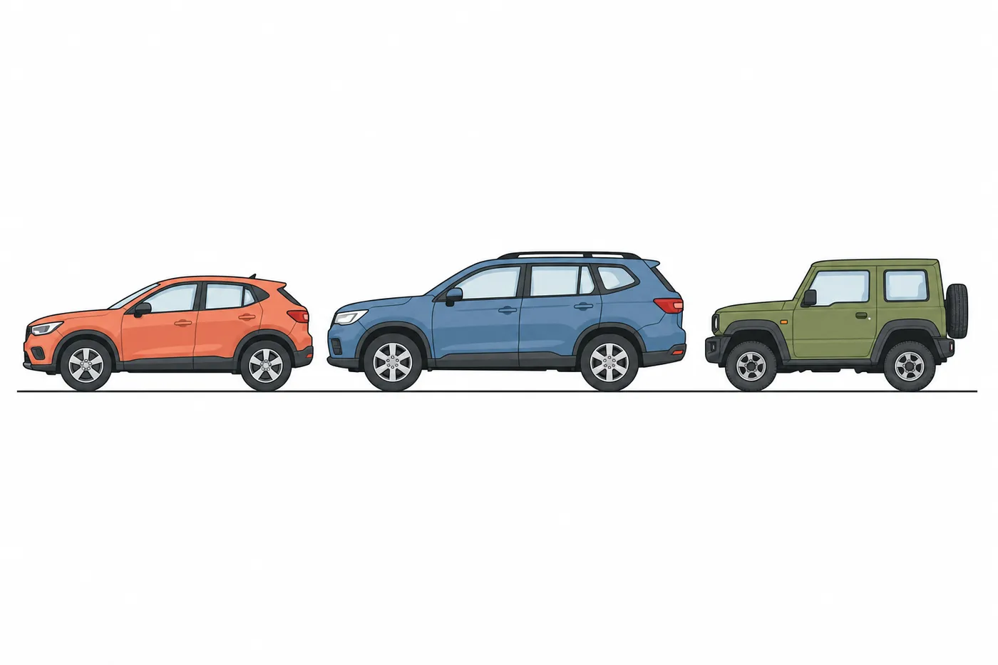 3台のSUVを横から並べた図。左は短いクロスオーバーSUV、中央はルーフレール付きの長いSUV、右は背面ドアにスペアタイヤを付けた小型のオフロード車