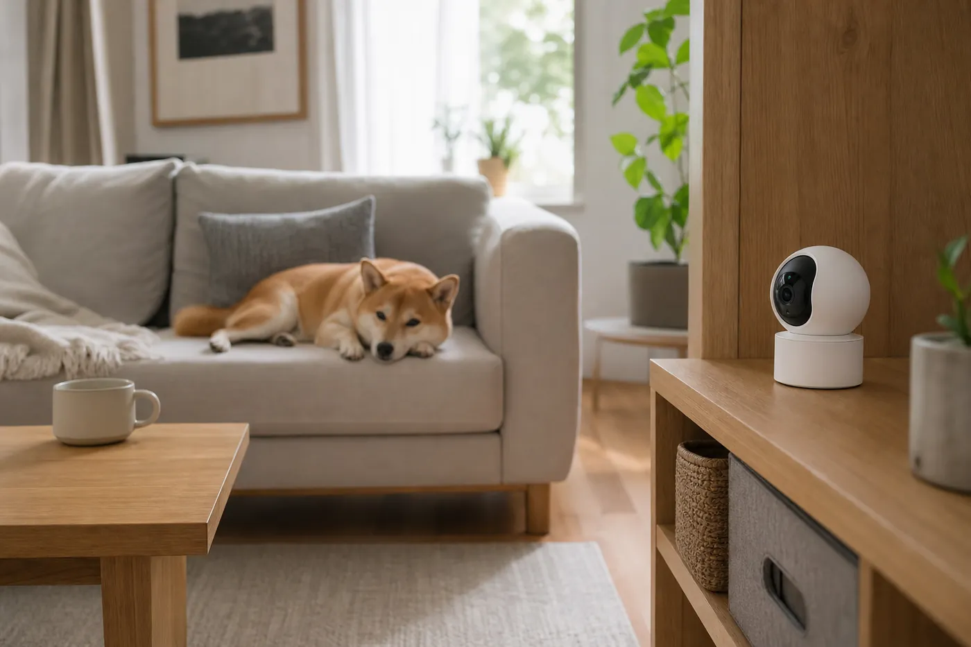 リビングの棚に置いた白い首振りカメラが、ソファで寝そべる柴犬の方を向いている写真風のイメージ