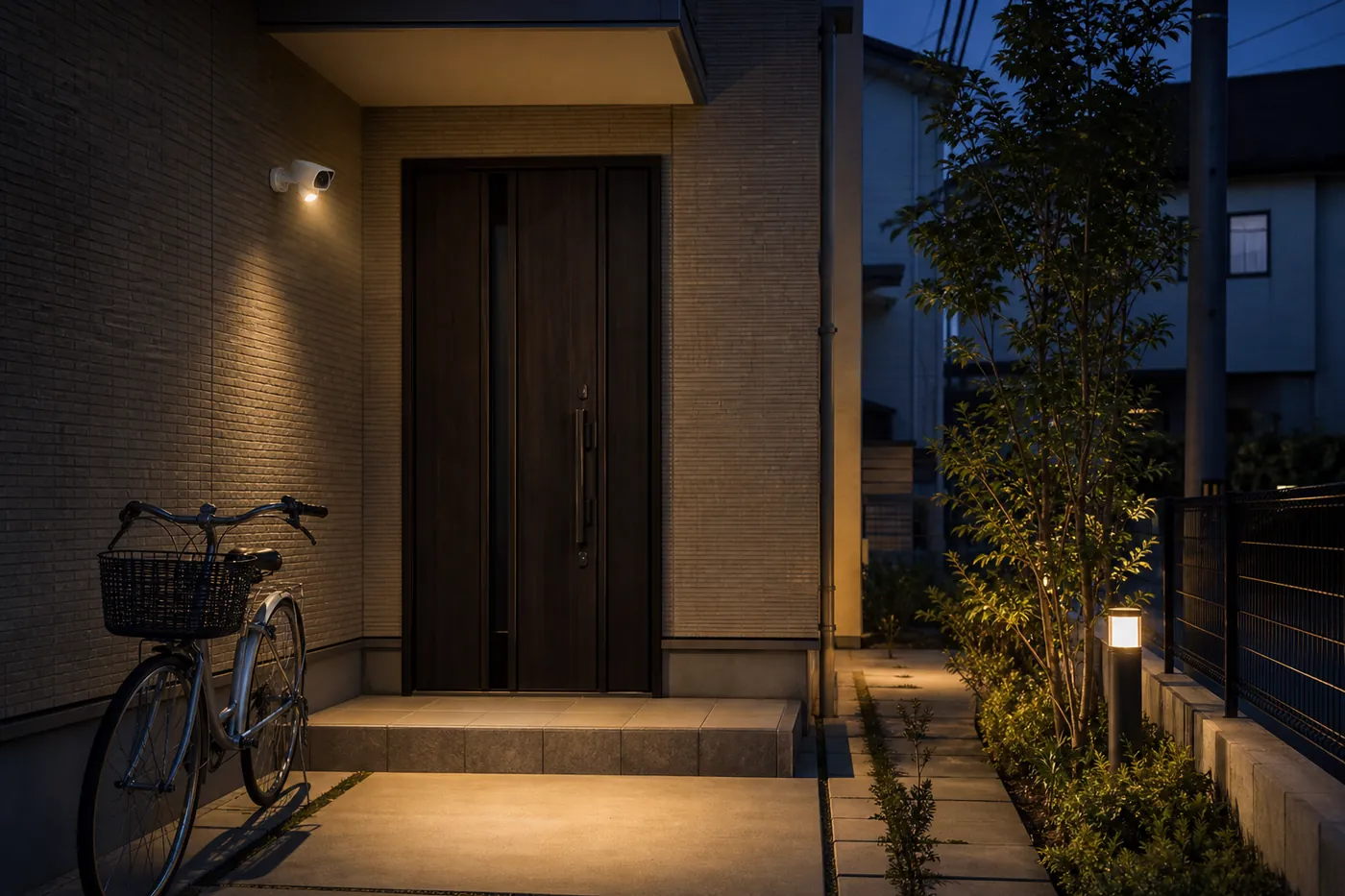 夕暮れの一戸建ての玄関で、壁に付けた白い屋外カメラのライトが玄関前を照らしている写真風のイメージ