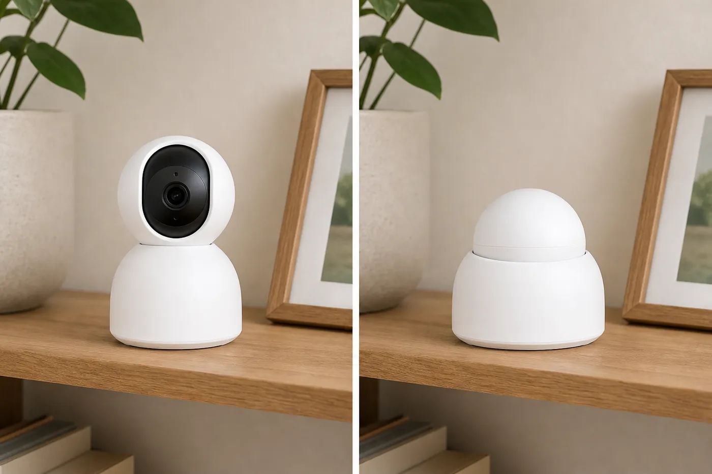 左はレンズが前を向いた白い首振りカメラ、右はレンズが本体に隠れた同じカメラの写真風のイメージ