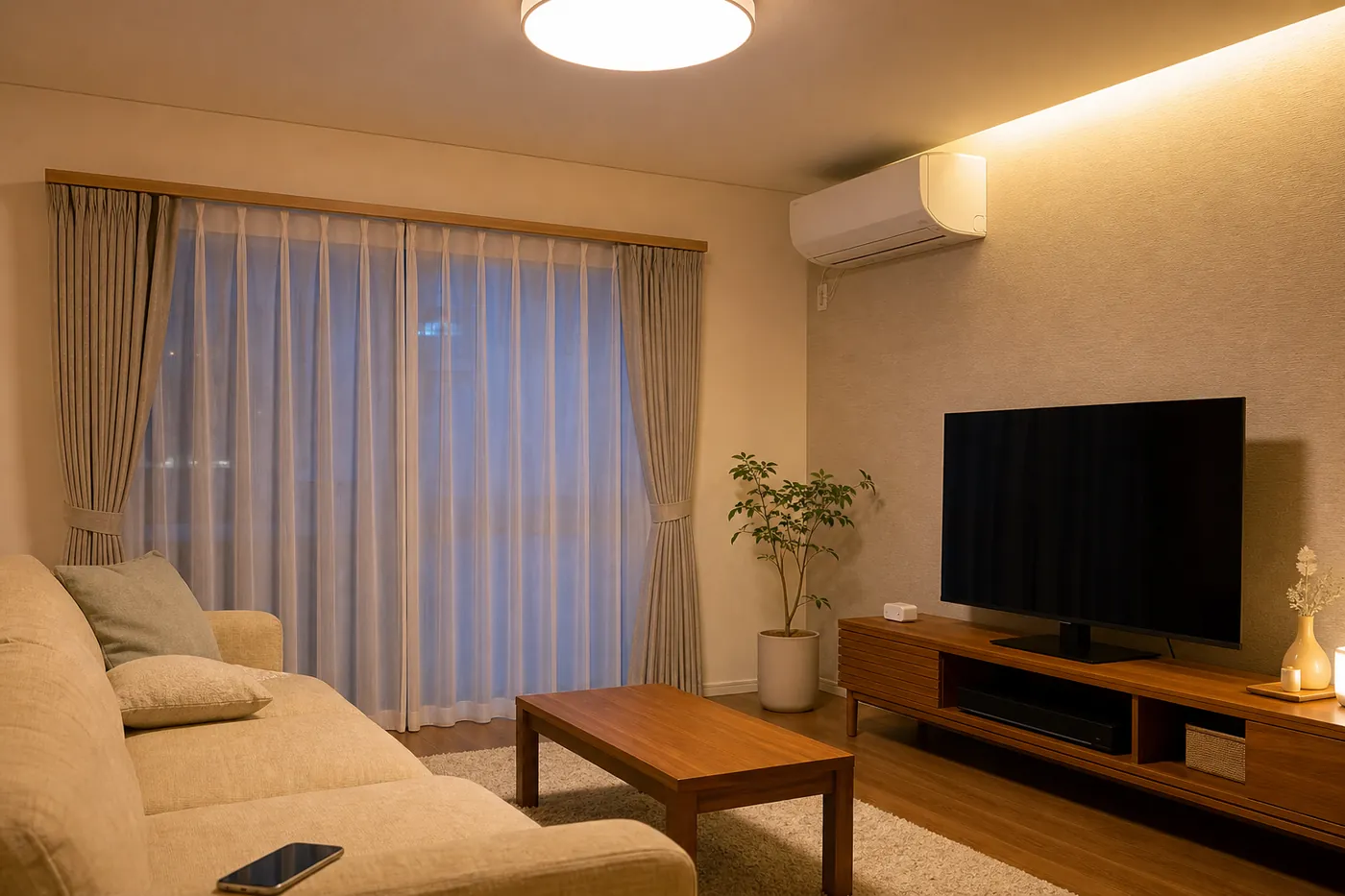 夕方のリビングで、テレビ台の上に小さな白いスマートリモコンが置かれ、壁にエアコンがある写真風のイメージ