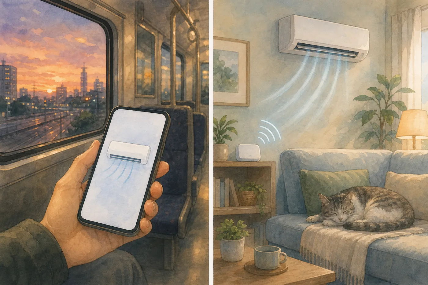 左は帰りの電車でスマホからエアコンを操作し、右はエアコンの利いた部屋で猫が眠っているイラスト