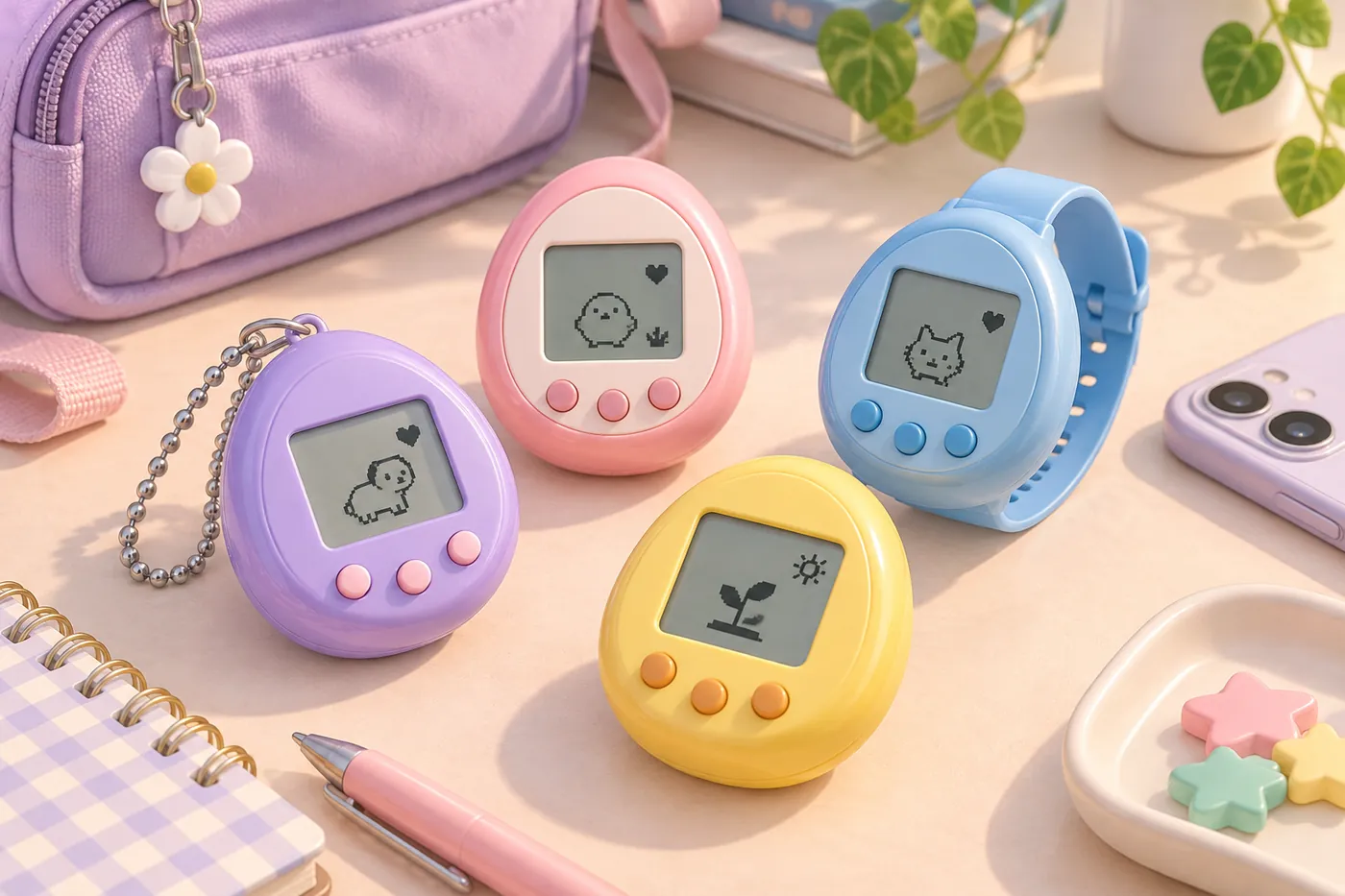 Four colorful egg-shaped virtual pet toys with pixel screens, one on a keychain and one on a wrist band, on a pastel desk with a pencil case and notebook (AI-generated illustration)