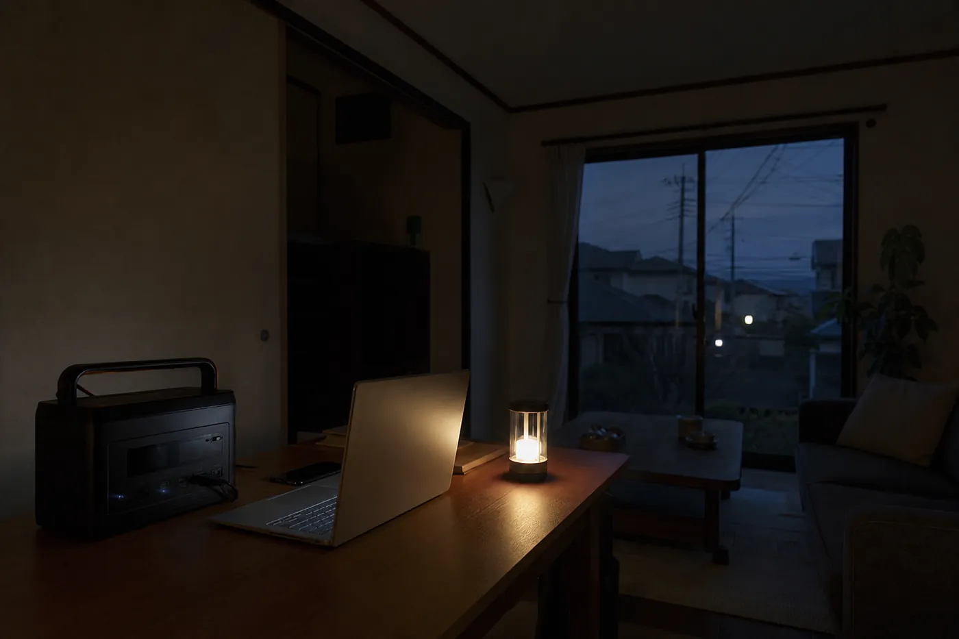 停電で暗くなった夕方の部屋で、机のノートパソコンと小さなランプが、横に置いたポータブル電源の電気で点いている写真風のイメージ（AI生成）