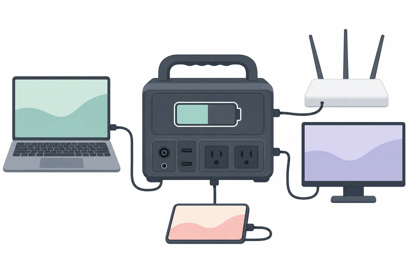 ポータブル電源からノートパソコン、Wi-Fiルーター、モニター、スマートフォンにケーブルがつながっているイラスト