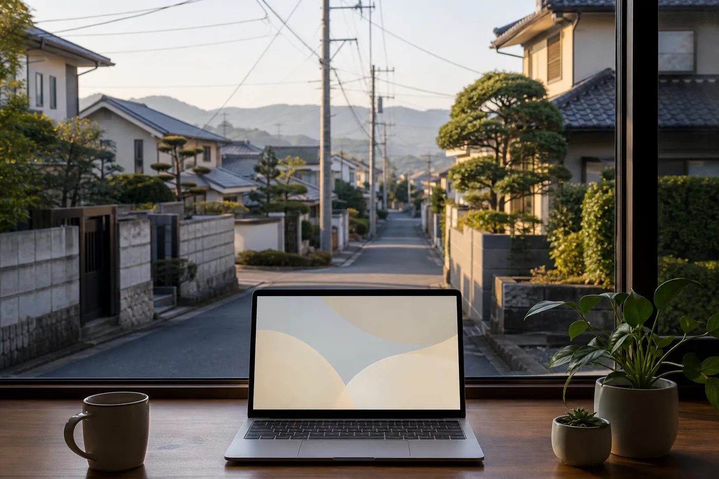 朝の住宅街が見える窓辺の机にノートパソコンが置かれている写真風のイメージ(AI生成)