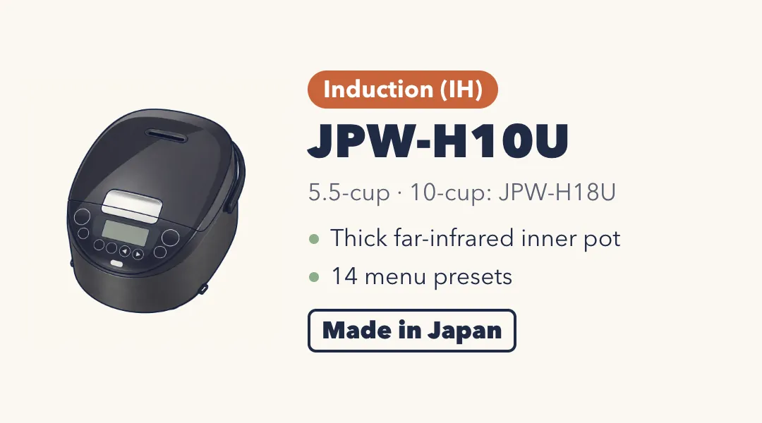 Drawing of the Tiger JPW-H10U, a rounded glossy black rice cooker with a silver lid release and a small display. Induction heating, 5.5-cup (10-cup: JPW-H18U). Thick far-infrared inner pot; 14 menu presets. Made in Japan.
