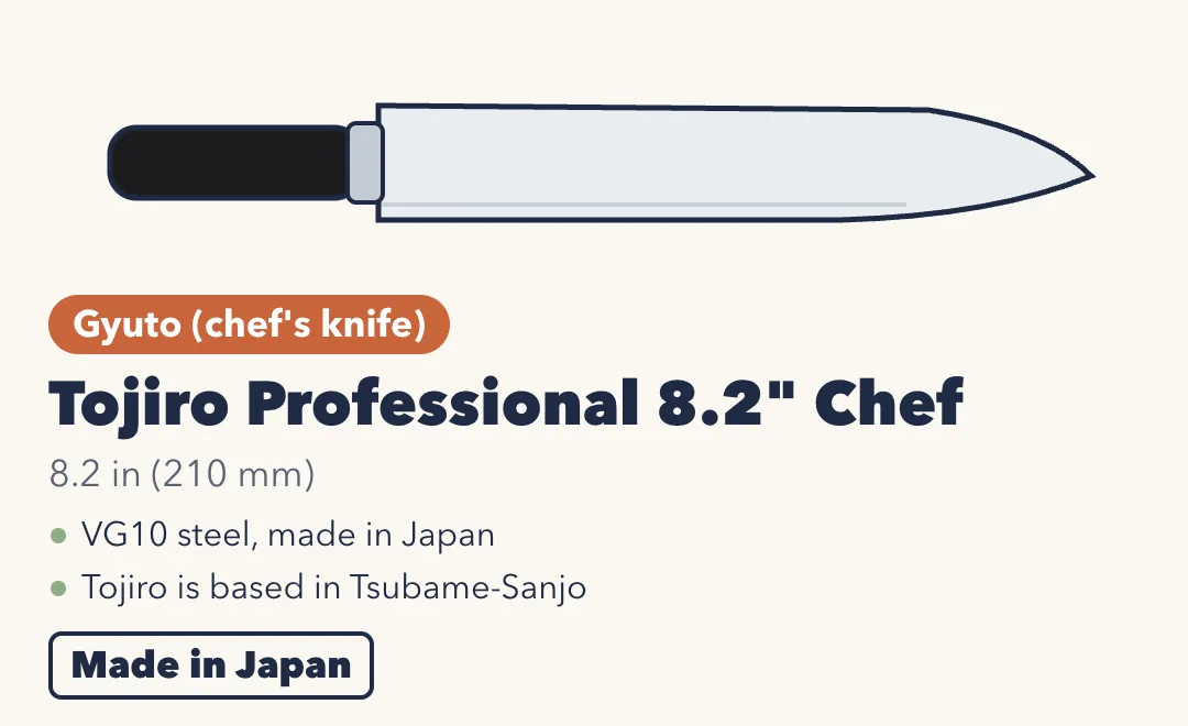 Drawing of the Tojiro Professional 8.2-inch Chef Knife, a plain stainless gyuto with a black handle and a steel bolster. 8.2 inches (210 mm). VG10 steel, made in Japan; Tojiro is based in Tsubame-Sanjo.